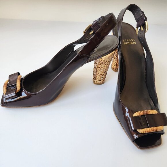 Stuart Weitzman Shoes - Stuart Weitzman Brown Patent Leather Slingback Heels Woven Block Heel Bows 9.5 M